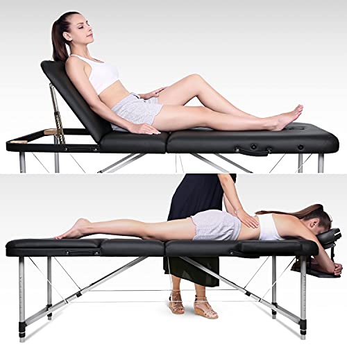 Mesa de Masaje Plegable Anchos 70cm de 3 Secciones Camilla Portátil y Profesional con Patas de Aluminio Respaldo Regulable Bolsa de Transporte Negro
