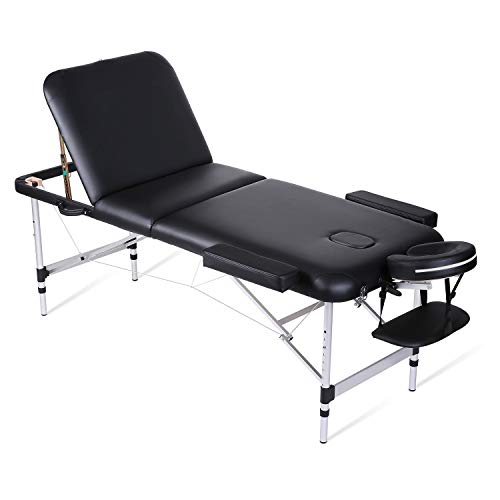 Mesa de Masaje Plegable Anchos 70cm de 3 Secciones Camilla Portátil y Profesional con Patas de Aluminio Respaldo Regulable Bolsa de Transporte Negro