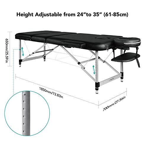 Mesa de Masaje Plegable Anchos 70cm de 3 Secciones Camilla Portátil y Profesional con Patas de Aluminio Respaldo Regulable Bolsa de Transporte Negro