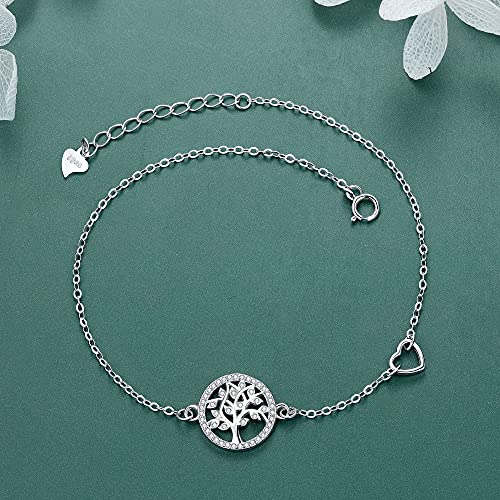 Micory Arbol de la Vida Tobilleras Pulseras Plata de Ley 925 Para Mujer con 3A Circonia Cúbica Verano Descalzo Playa, Ajustable 22+4cm