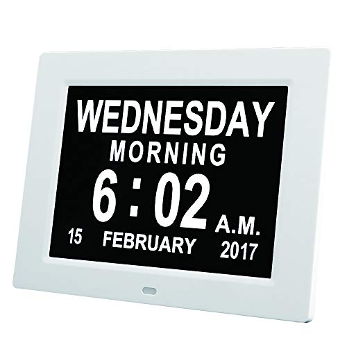 MIKLL Day Clock - Reloj Digital Grande, Sin Abreviaturas, para Ancianos y Pacientes con Demencia - 3 Opciones de Alarmas y Recordatorios de Medicamentos