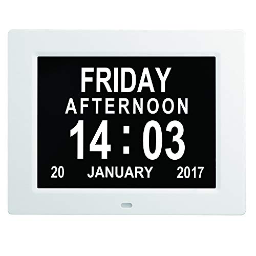 MIKLL Day Clock - Reloj Digital Grande, Sin Abreviaturas, para Ancianos y Pacientes con Demencia - 3 Opciones de Alarmas y Recordatorios de Medicamentos