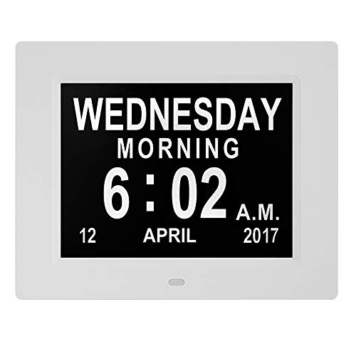 MIKLL Day Clock - Reloj Digital Grande, Sin Abreviaturas, para Ancianos y Pacientes con Demencia - 3 Opciones de Alarmas y Recordatorios de Medicamentos