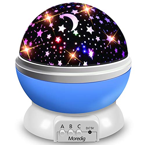 Moredig Proyector Estrellas, 360° Rotación Romántica Luz Estrellas y 8 Modos, Regalo para Niños y Bebés Cumpleaños, Día de los Reyes, Navidad, Halloween etc Azul