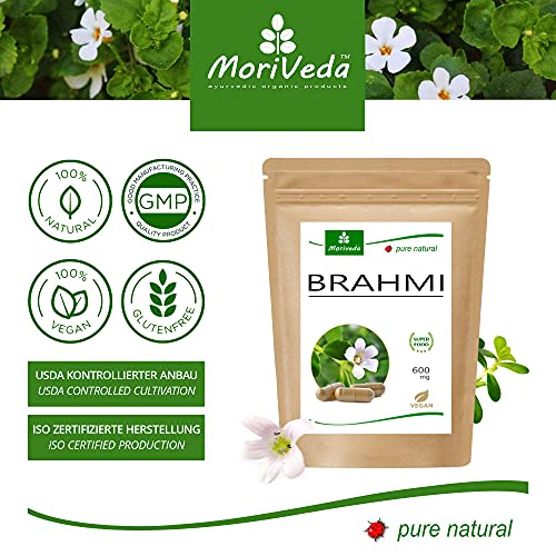 MoriVeda® Brahmi Cápsulas l Paquete de 2 meses l Polvo de la planta de la memoria con 600mg de peso de la cápsula l Vegano y sin aditivos l 120 piezas