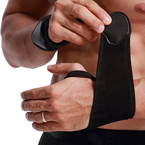 Muñequera ancha de sujeción (1 Par) - Ligera, elástica y transpirable - Compresión ajustable - Marca Neotech Care - Negro (Talla M)