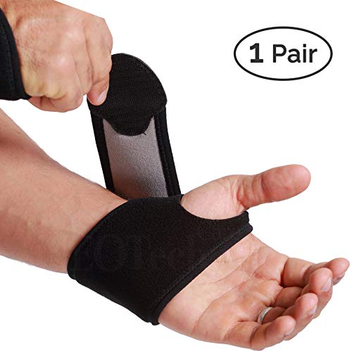 Muñequera ancha de sujeción (1 Par) - Ligera, elástica y transpirable - Compresión ajustable - Marca Neotech Care - Negro (Talla M)