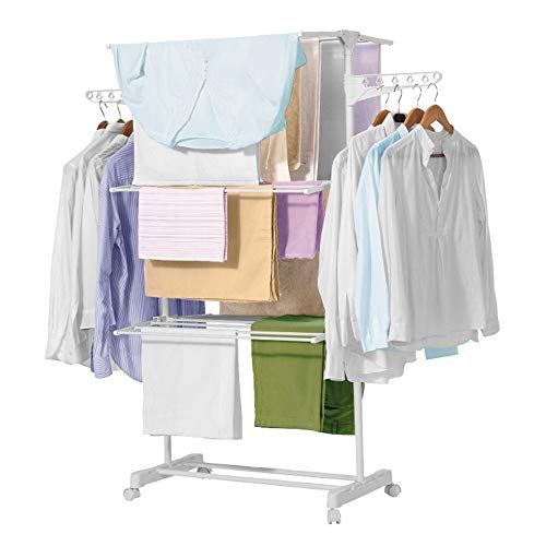 Novohogar Tendedero de Ropa Plegable Vertical. 3 Niveles Dobles más 2 Alas Laterales. Tendedero Compacto con Ruedas