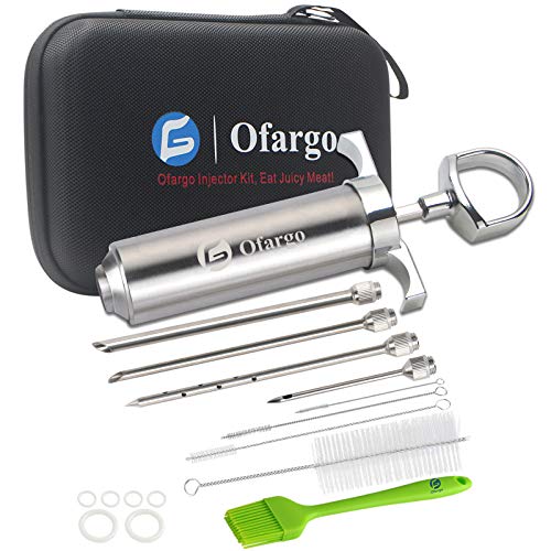 Ofargo 304-Stainless Steel Meat Injector Syringe with 3 Marinade Needles and Travel Case for BBQ Grill Smoker, 2-oz Large Capacity, Both Paper User Manual and E-Book Recipe