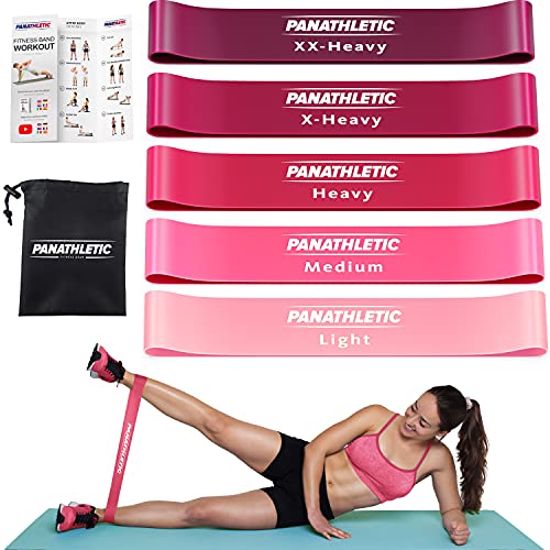 Panathletic Bandas Elasticas Fitness, Set de 5 Gomas – 5 Niveles de Resistencia, Guía de Ejercicios, eBook en Español y Bolsa – 5X Banda musculacion, Cintas para gluteos, Goma Elastica, Elasticos