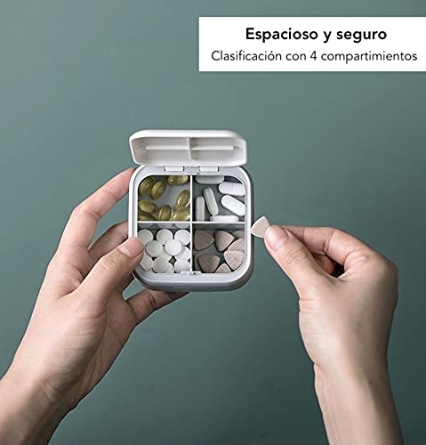 Pastillero Pequeño Portátil - Moderno con cuatro compartimientos - Organizador de medicamentos farmaceuticos - Pastillero de Bolsillo Elegante Blanco