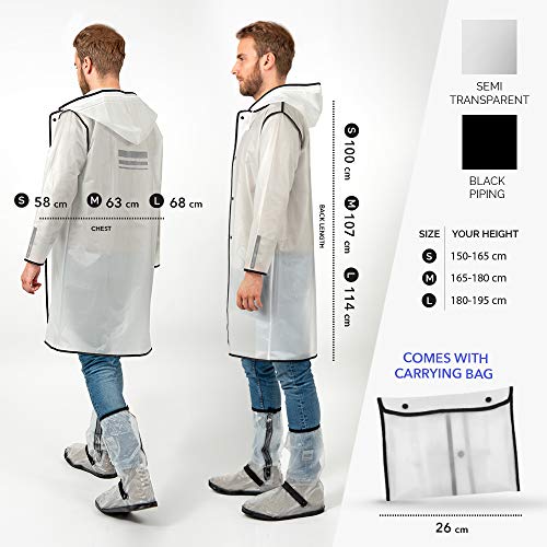 PERLETTI Chubasquero Hombre Mujer Ligero y Reutilizable - Impermeable Hombre Mujer Resistente al Agua - Ropa de Agua Impermeable Detalles Reflectantes Capucha Botones (S, Transparente con Borde Negro)