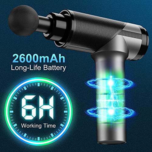 Pistola de Masaje Muscular, Electrónica Masajeador de Tejido Profundo con 10 Niveles Ajustables, 6 Cabezales de Masaje, Ultra Silencioso, Pantalla LCD Táctil, 3200 RPM