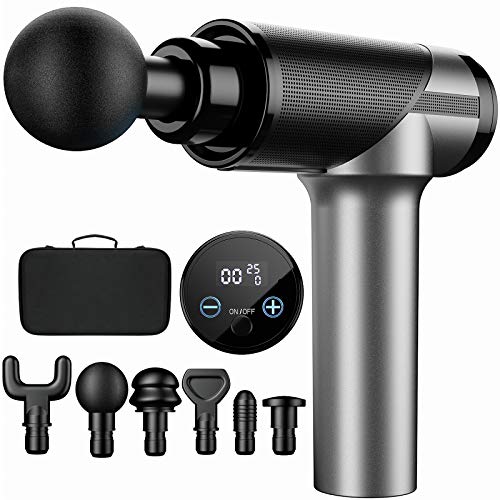 Pistola de Masaje Muscular, Electrónica Masajeador de Tejido Profundo con 10 Niveles Ajustables, 6 Cabezales de Masaje, Ultra Silencioso, Pantalla LCD Táctil, 3200 RPM