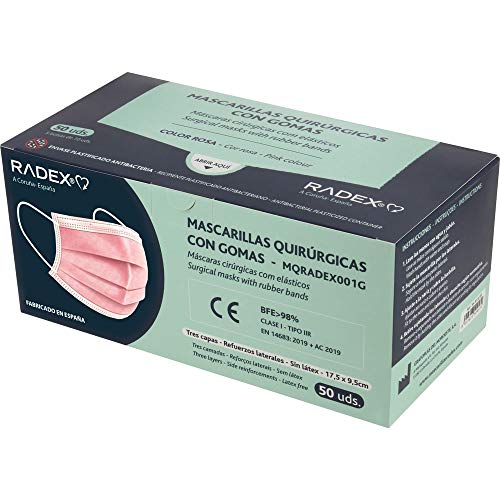 RADEX 85005053. Caja de 50 Mascarillas Quirúrgicas Tipo IIR con Gomas, Rosa, Fabricado en España, Tres Capas, Material Hipo Alergénicos, Resistente a Salpicaduras