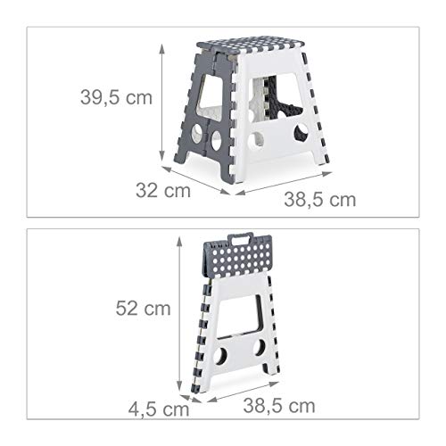 Relaxdays Taburete Plegable (tamaño XL, con asa, 120 kg, plástico, 39,5 x 38,5 x 32 cm), Color Gris y Blanco, 1 Unidad