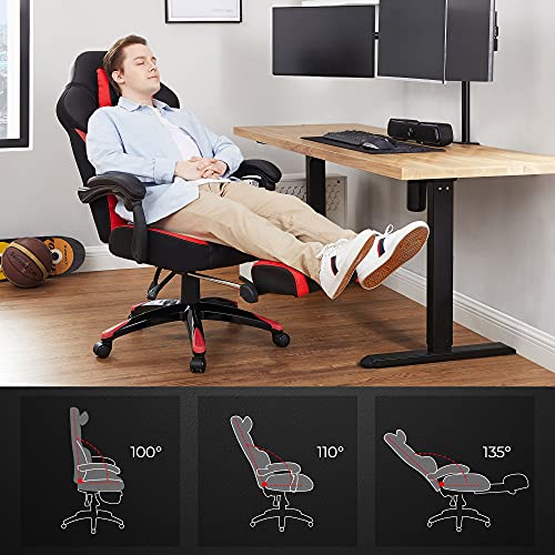 SONGMICS Silla Gaming, Silla de Oficina, para Carreras, con Reposapiés, Diseño Ergonómico, Reposacabezas Ajustable, Soporte Lumbar, Carga de 150 kg, Rojo y Negro OBG77BR