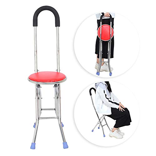 Taburete plegable con muletas de acero inoxidable con cuatro patas taburete plegable con soporte bastón de caminar para personas mayores, viaje al aire libre, taburete de descanso, silla plegable