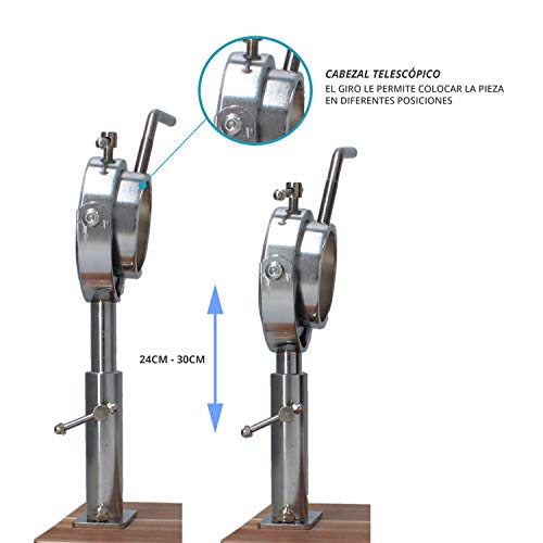 TM Electron HOCU102 Jamonero de madera de acacia con cabezal adaptable telescópico metálico, sistema giratorio y base ajustable para pata o paletilla