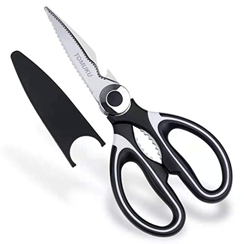 Tomuku Tijeras de Cocina multifunción Tijeras Acero Inoxidable Ultra Afiladas con Funda Protectora para Cuchilla (negro)