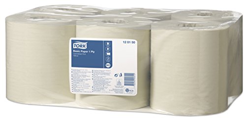 Tork 120150 Papel de secado básico Universal / Paños de papel de alimentación central compatibles con el sistema M2 / 6 x bobinas / 1 capa / Blanco