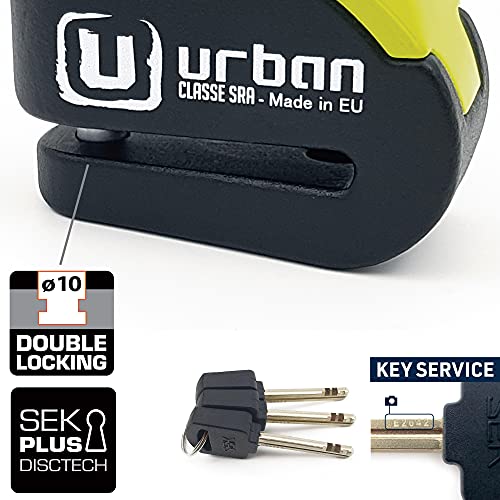 urban UR10 Candado Antirrobo Moto Disco con Warning y Alarma 120dba, Alta Seguridad Homologado CLASSE Sra, Doble Cierre 10 mm, Made in EU, Negro/Amarillo