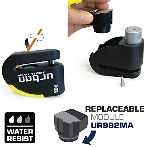 urban UR10 Candado Antirrobo Moto Disco con Warning y Alarma 120dba, Alta Seguridad Homologado CLASSE Sra, Doble Cierre 10 mm, Made in EU, Negro/Amarillo