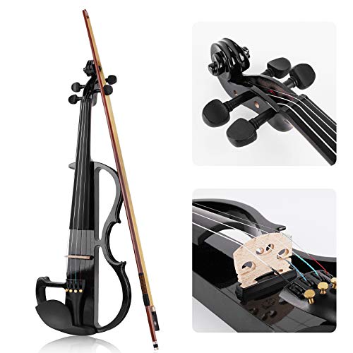 Vangoa Violín Electrico 4/4 Tamaño Completo Violín Silencioso para Principiante Madera Maciza Kit de Violin, Negro