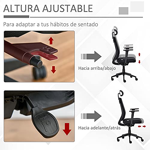 Vinsetto Silla de Oficina Giratoria Silla Escritorio Basculante con Altura Ajustable Reposacabezas Reposabrazos Regulables y Soporte Lumbar 67x64x118-126 cm Negro