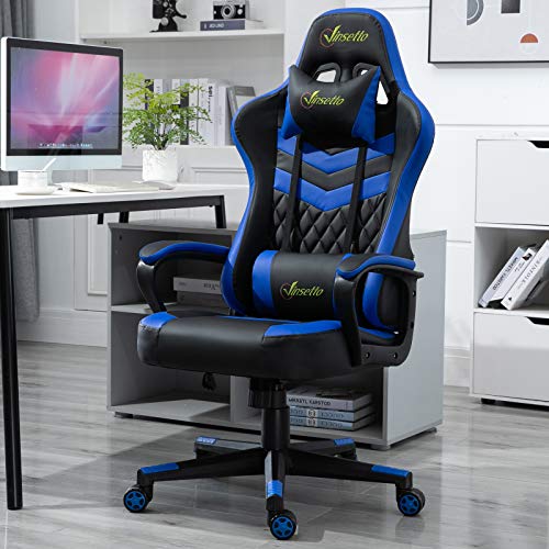 Vinsetto Silla Gaming Silla de Escritorio de Oficina Ergonómica Altura Regulable Basculante con Reposacabezas Cojín Lumbar 61x70x121-129 cm Azul