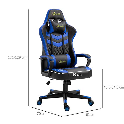 Vinsetto Silla Gaming Silla de Escritorio de Oficina Ergonómica Altura Regulable Basculante con Reposacabezas Cojín Lumbar 61x70x121-129 cm Azul