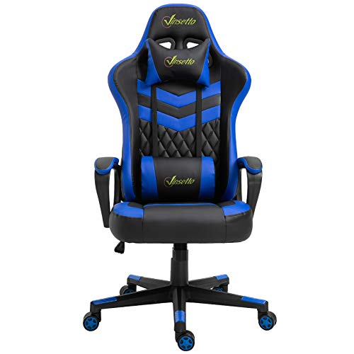 Vinsetto Silla Gaming Silla de Escritorio de Oficina Ergonómica Altura Regulable Basculante con Reposacabezas Cojín Lumbar 61x70x121-129 cm Azul