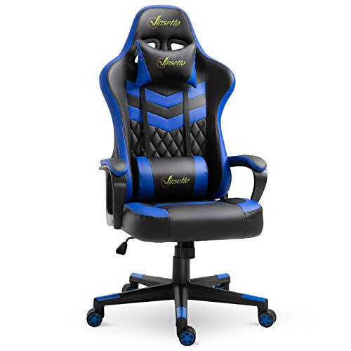 Vinsetto Silla Gaming Silla de Escritorio de Oficina Ergonómica Altura Regulable Basculante con Reposacabezas Cojín Lumbar 61x70x121-129 cm Azul