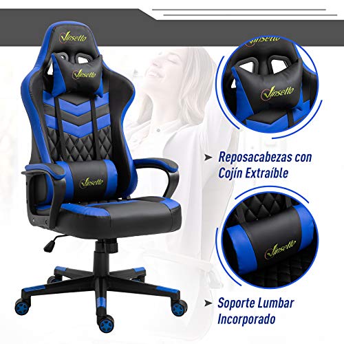Vinsetto Silla Gaming Silla de Escritorio de Oficina Ergonómica Altura Regulable Basculante con Reposacabezas Cojín Lumbar 61x70x121-129 cm Azul