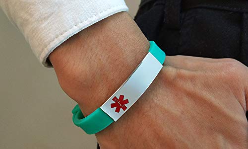 VNOX Personalización de Acero Inoxidable Personalizada Identificación de Alerta médica Pulsera de Silicona Ajustable Verde,Grabado Gratis