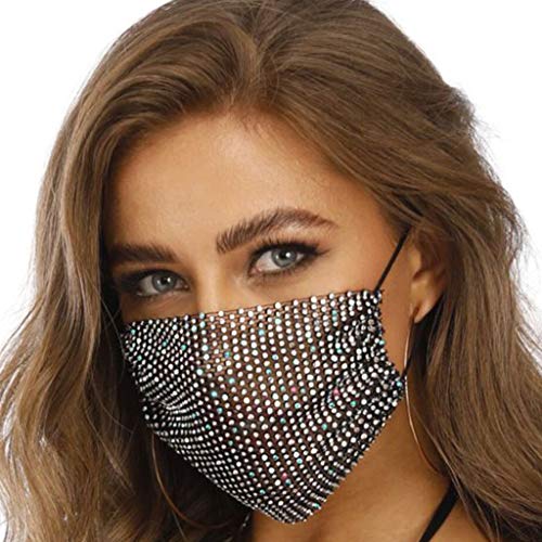 Weiqu Bufanda de malla brillante con diamantes de imitación para mujer, fiesta de máscaras, discoteca translúcida completa para la oreja, para protección al aire libre, Negro, Taille unique