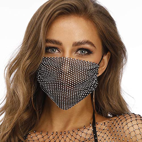 Weiqu Bufanda de malla brillante con diamantes de imitación para mujer, fiesta de máscaras, discoteca translúcida completa para la oreja, para protección al aire libre, Negro, Taille unique