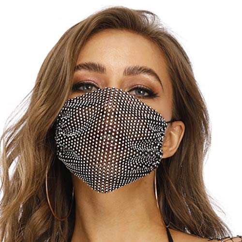 Weiqu Bufanda de malla brillante con diamantes de imitación para mujer, fiesta de máscaras, discoteca translúcida completa para la oreja, para protección al aire libre, Negro, Taille unique