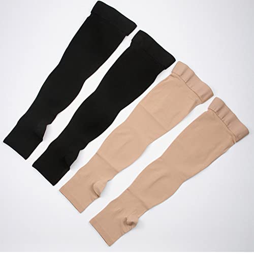 ZAYZ Muslo Punta Abierta Medias de Compresión, 15-21 mmHg Apoyo Firme con Banda de Puntos de Silicona, Mujeres Hombres Manguera hasta el Muslo (Color : Black+Skin, Size : S)