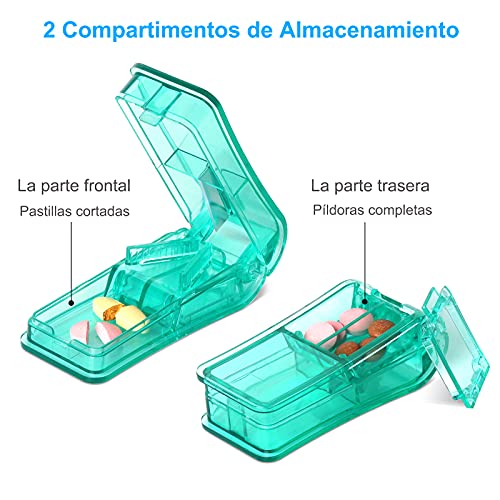 2PCS Cortador de Pastillas, Partidor de Pastillas con Cuchilla y Compartimiento de Almacenamiento Para Píldoras Pequeñas o Grandes(Transparente+Verde)
