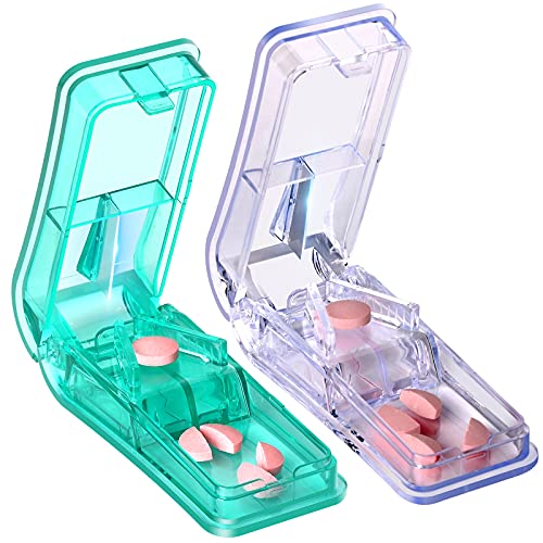 2PCS Cortador de Pastillas, Partidor de Pastillas con Cuchilla y Compartimiento de Almacenamiento Para Píldoras Pequeñas o Grandes(Transparente+Verde)