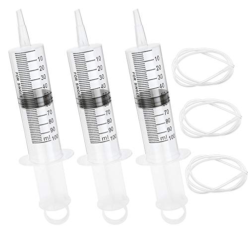 3 Pcs 100 ml Jeringa con tubo de 3 m, jeringa grande de plástico sin aguja para Aceite de Motor Tinta Hidropónica Líquido Pegamento, Medición, Dispensación, Riego