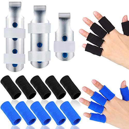 3 Piezas Férulas de Dedos Soporte de Dedo de Metal Estabilizador de Dedos en 3 Tamaños y 20 Protectores Mangas de Dedos Soporte de Pulgar Protector de Compresión Elástica para Soporte
