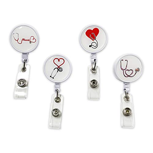 4 soportes retráctiles para tarjetas de identificación, carabinas, carretes, con clip de cocodrilo, para estudiantes de enfermería, carrete decorativo (estetoscopio)
