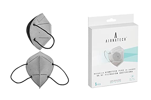 A AIRNATECH Mascarilla Higiénica Plus Gris - Protección Bidireccional - 5 Unidades - Fabricada en España - Certificada por AITEX y homologada por AENOR - Reutilizable hasta 20 lavados