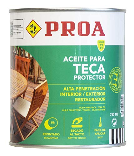 Aceite para Teca. PROA. Protección y nutrición para la madera. Renueva tus muebles de jardín. Color teca.