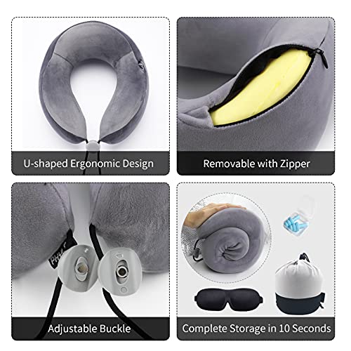 AGAKY Almohada de Viaje Almohada Cuello Espuma Memoria Sueño Suave-Tela Terapia magnética - Funda Terciopelo extraíble y Lavable- Máscara Dormir, 2 Tapones para los oídos y Bolsa de Viaje (Negro)