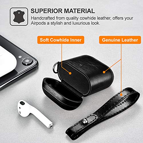 AirPods Funda Case, ICARER Piel Genuina Cuero Luxury Vintage Portátil Ultra Protección Cover Funda Carcasa con Correa para la muñeca para Apple AirPods 1&2 [LED Visible] [Carga inalámbrica] (Negro)