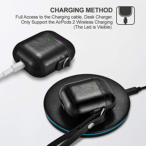 AirPods Funda Case, ICARER Piel Genuina Cuero Luxury Vintage Portátil Ultra Protección Cover Funda Carcasa con Correa para la muñeca para Apple AirPods 1&2 [LED Visible] [Carga inalámbrica] (Negro)