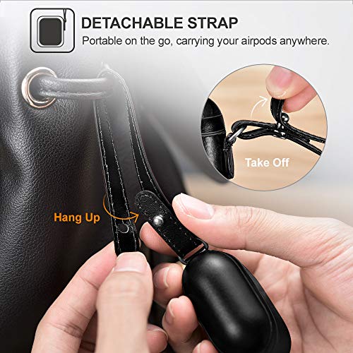 AirPods Funda Case, ICARER Piel Genuina Cuero Luxury Vintage Portátil Ultra Protección Cover Funda Carcasa con Correa para la muñeca para Apple AirPods 1&2 [LED Visible] [Carga inalámbrica] (Negro)